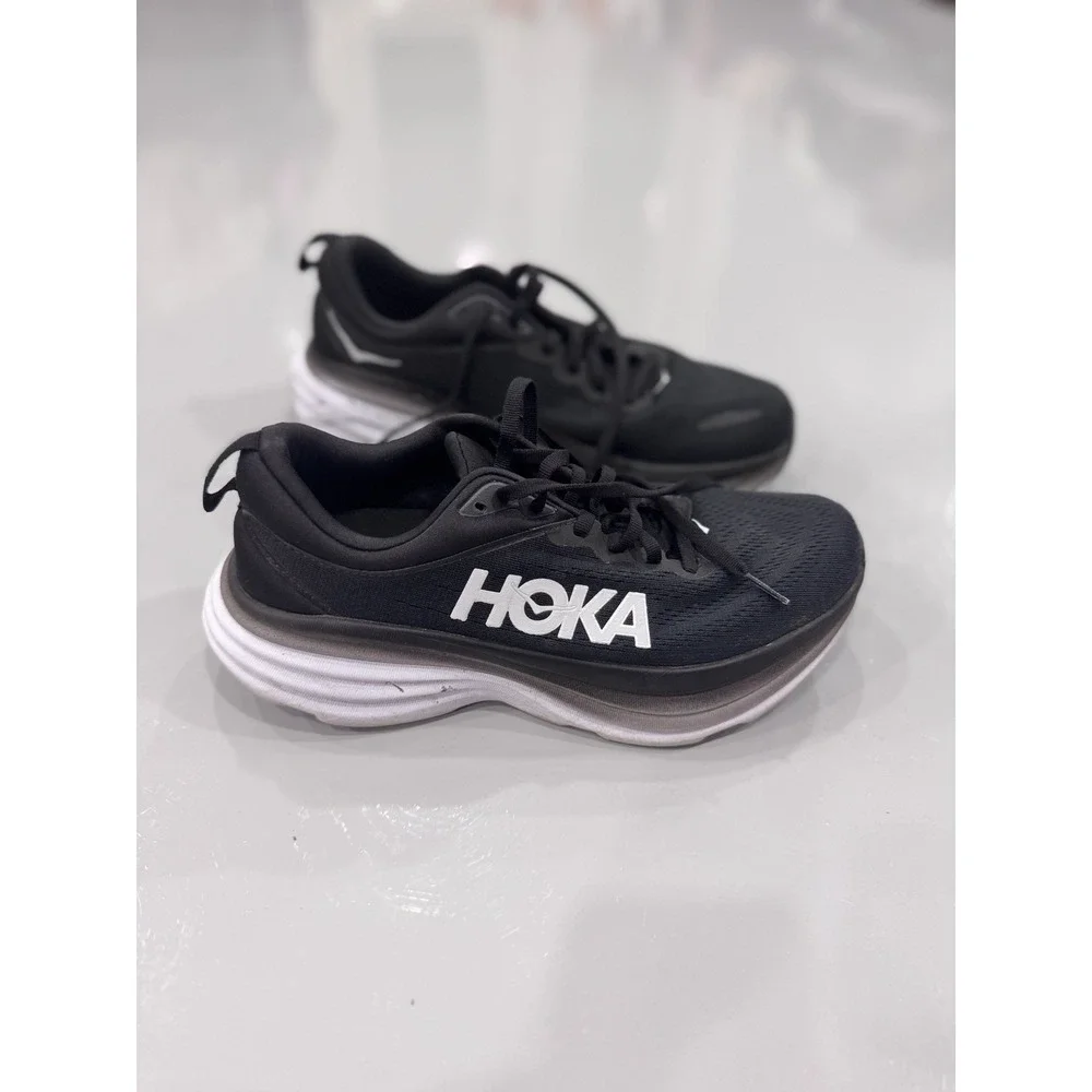 HOKA ONE ONE Bondi 8 Men's Black White Lace-Up Low Top Athletic Sneakers